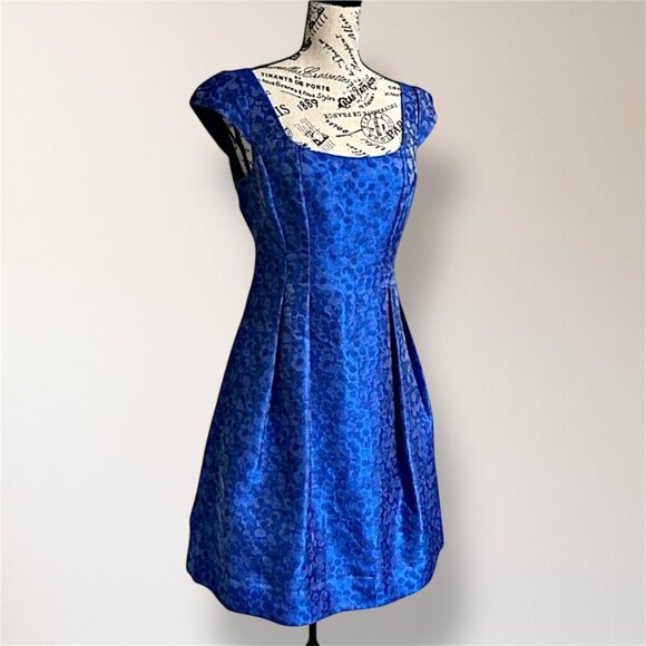 Kay Unger NY 6 Blue Jacquard Satin Square Neck Cap Sleeve Wedding Party Dress - Picture 3 of 8